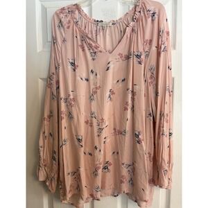ANGELS Pink Floral Print Long Sleeve Ruffle V Neck Blouse Top 3X Peasant
